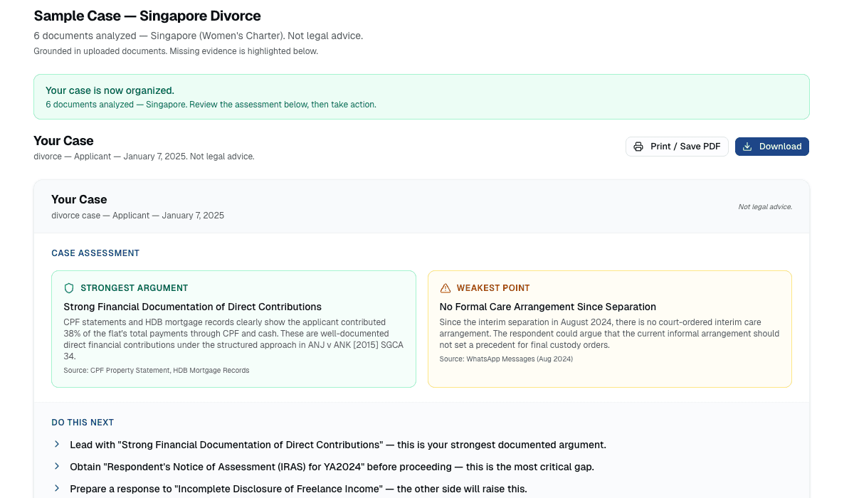 ArguLens dashboard showing case summary, timeline, evidence index, and response draft